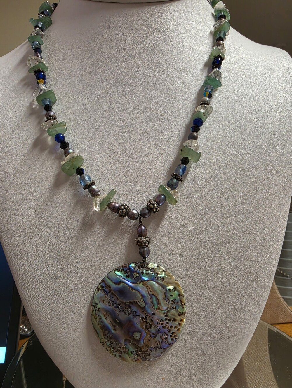Artisan Abalone Pendant & Peacock Pearls Green Aventurine Quartz Necklace